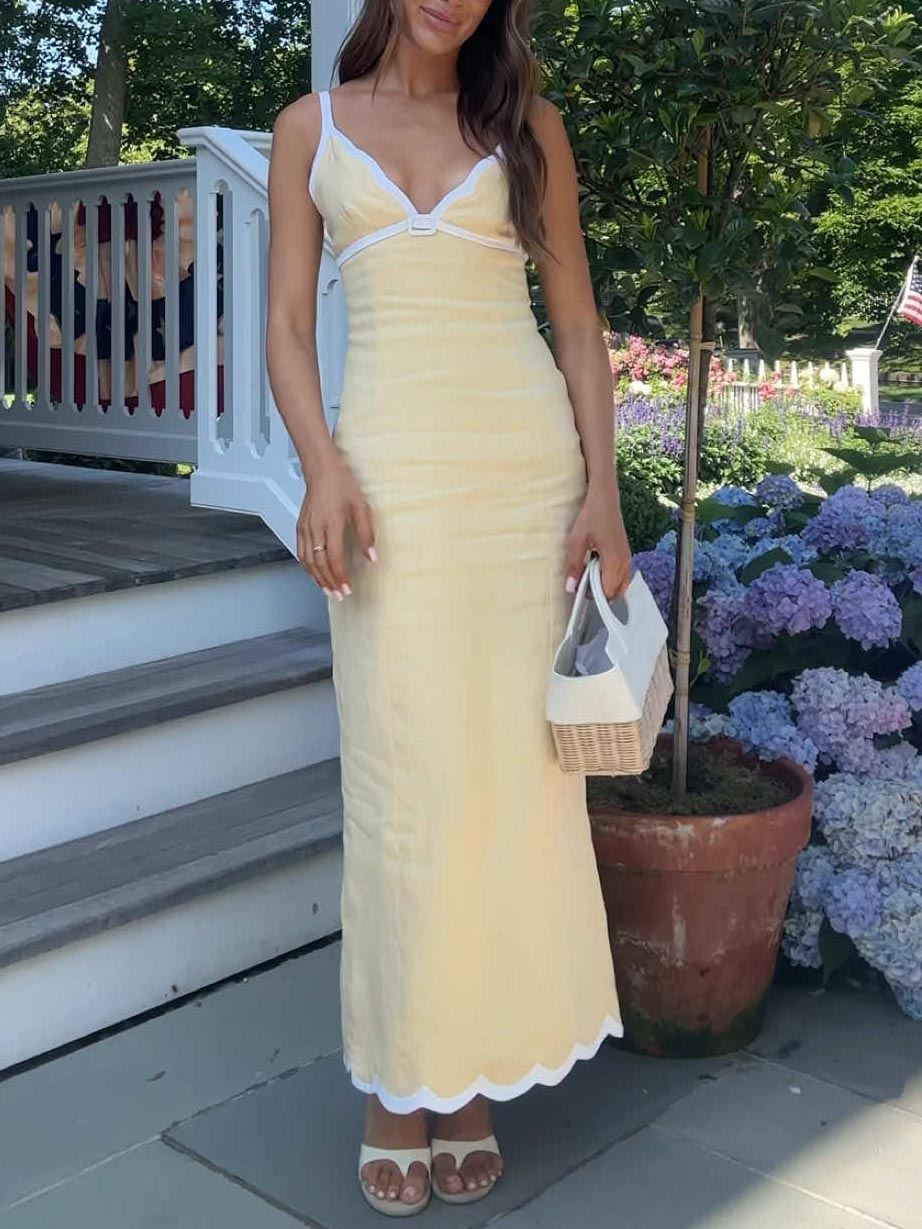 Exquisite Casual Contrast Color V-neck Maxi Dress