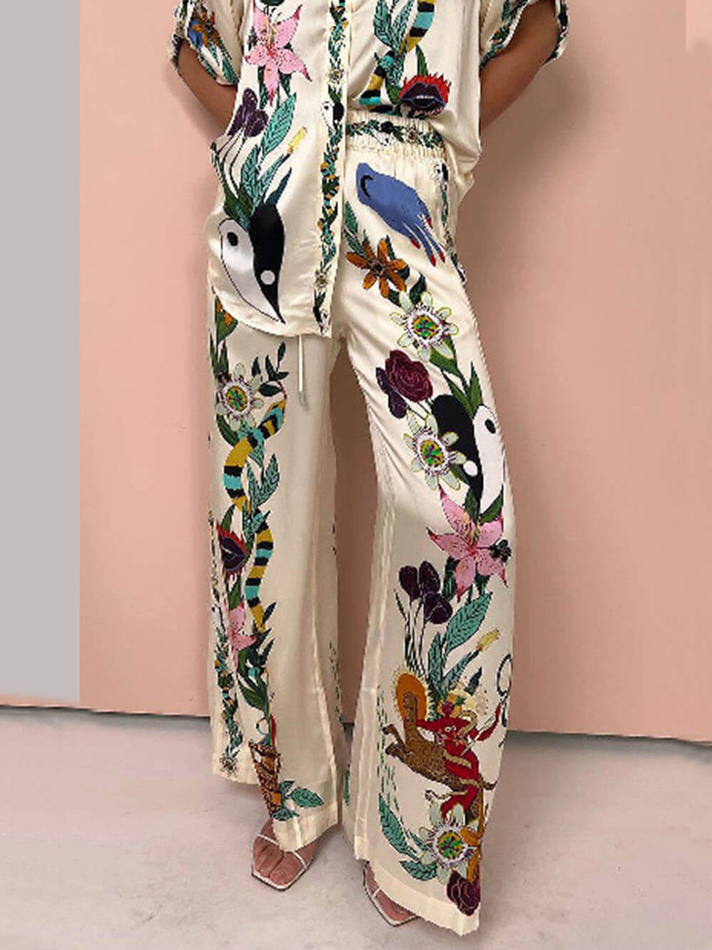 Satin Unique Print Elastic Waist Pocketed Wide Leg Pants – LMC