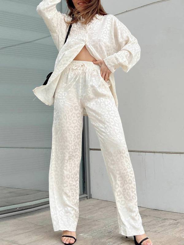 Leopard Print Loose Shirt Wide Leg Pants Casual Suit
