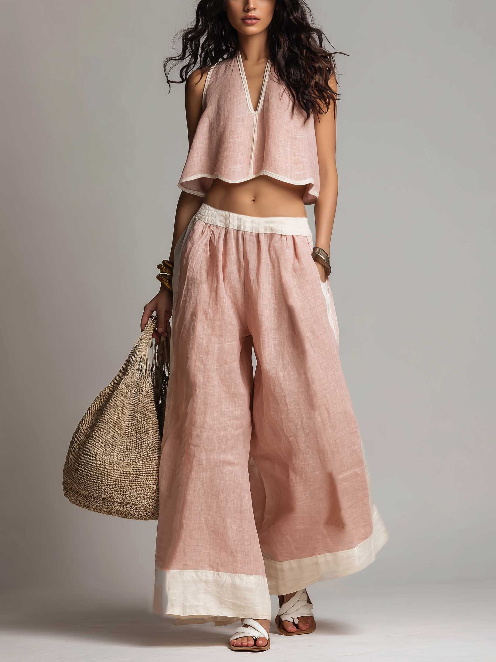 Casual Sleeveless Crop Top & Wide-Leg Pants Two-Piece Set