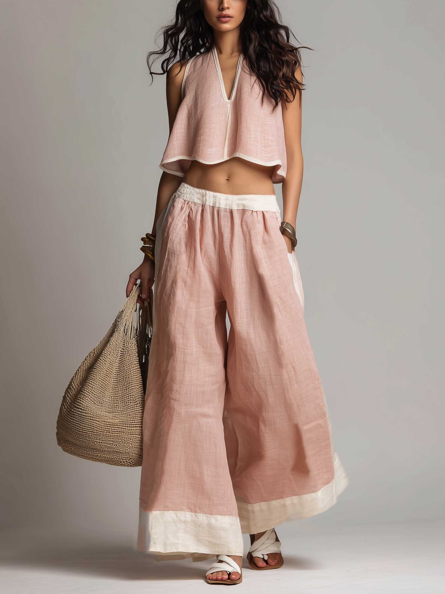 Casual Sleeveless Crop Top & Wide-Leg Pants Two-Piece Set