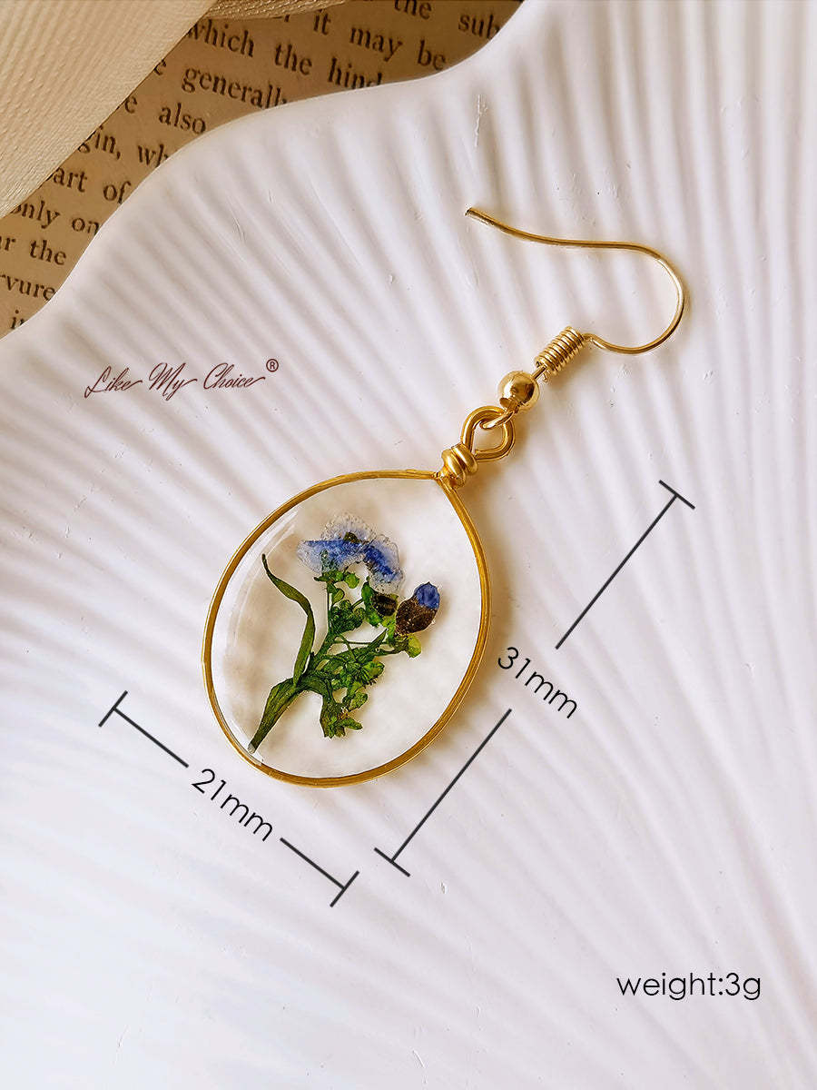 Pressed Flower Earrings - Forget Me Not Flower Oval