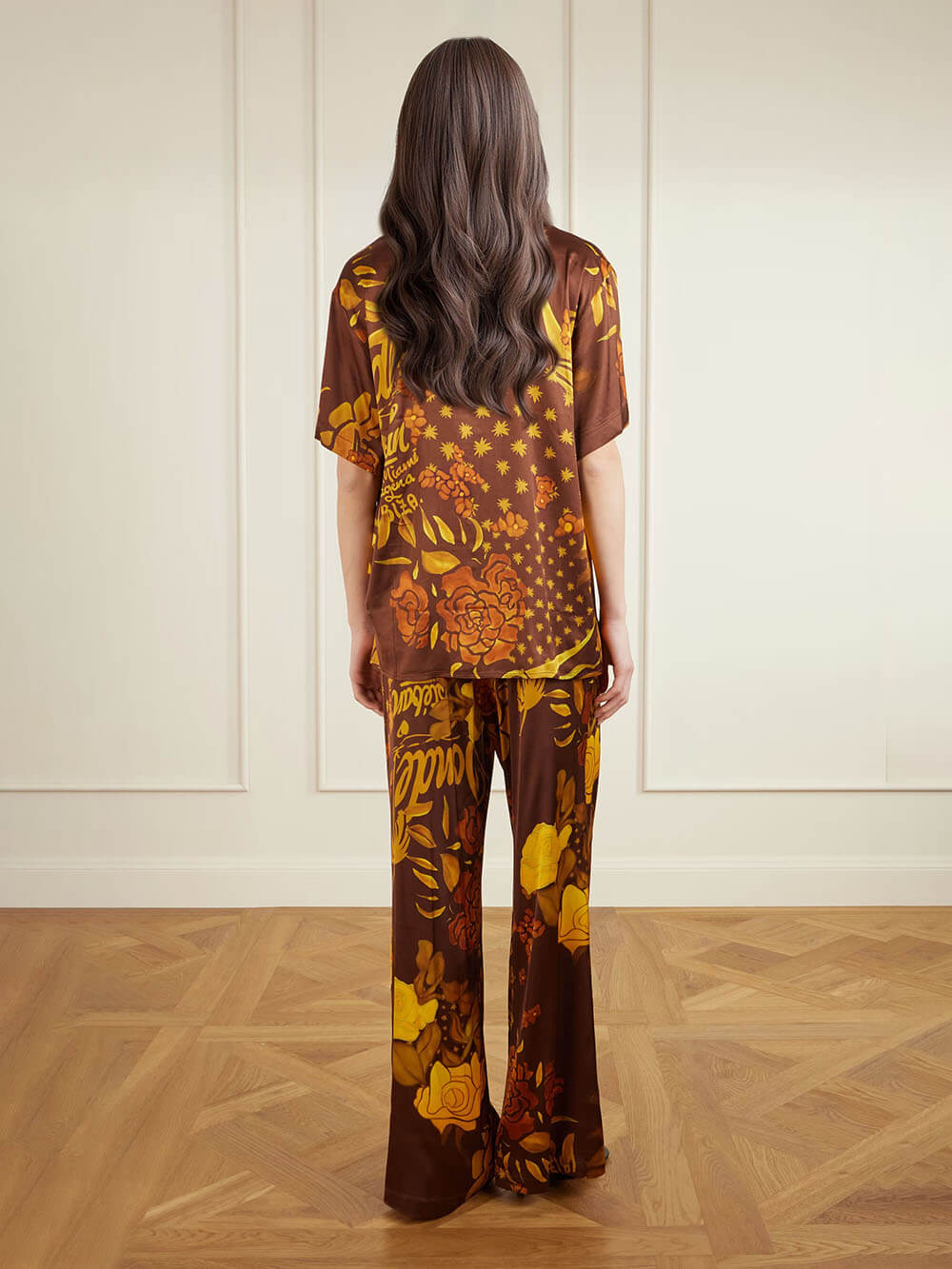 Unique Printed Satin Elastic Waist Pocket Wide-Leg Pants