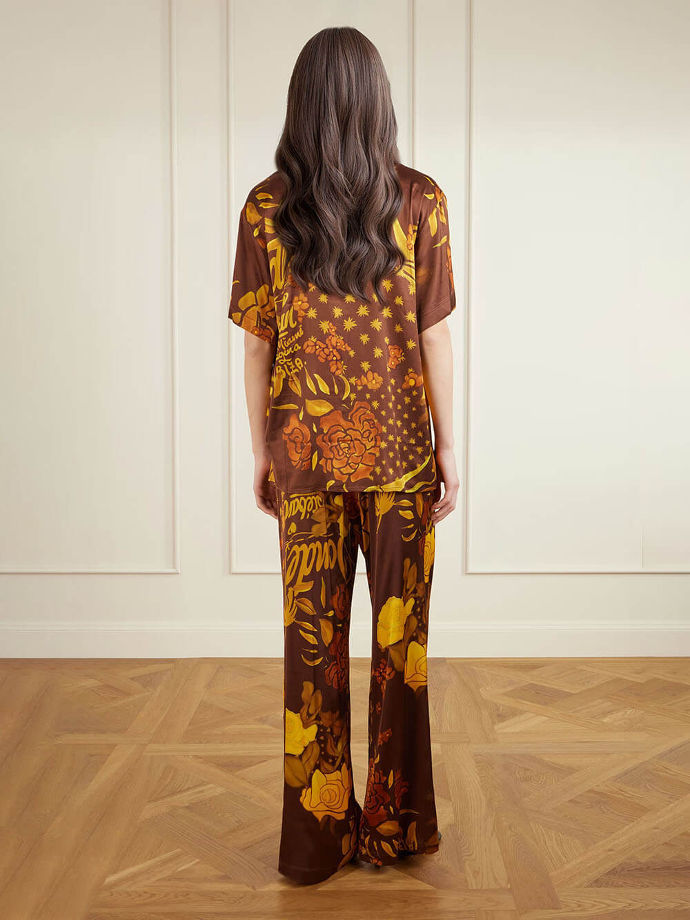 Unique Printed Satin Elastic Waist Pocket Wide-Leg Pants