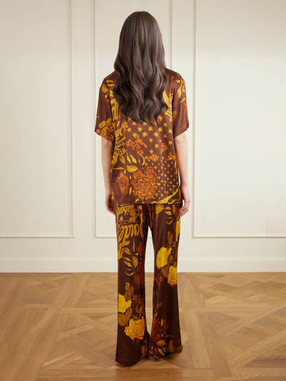 Unique Printed Satin Elastic Waist Pocket Wide-Leg Pants