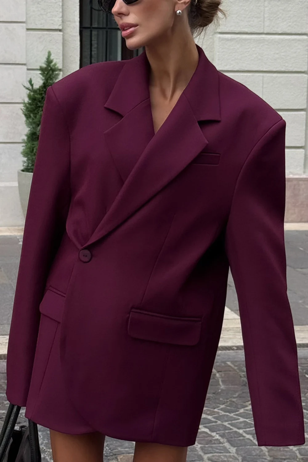 Women's Burgundy Oversized Single-Breasted Blazer with Notched Lapel