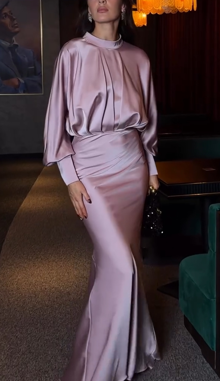 High Neck Bishop Sleeve Gathered Bodice Satin Maxi Dress