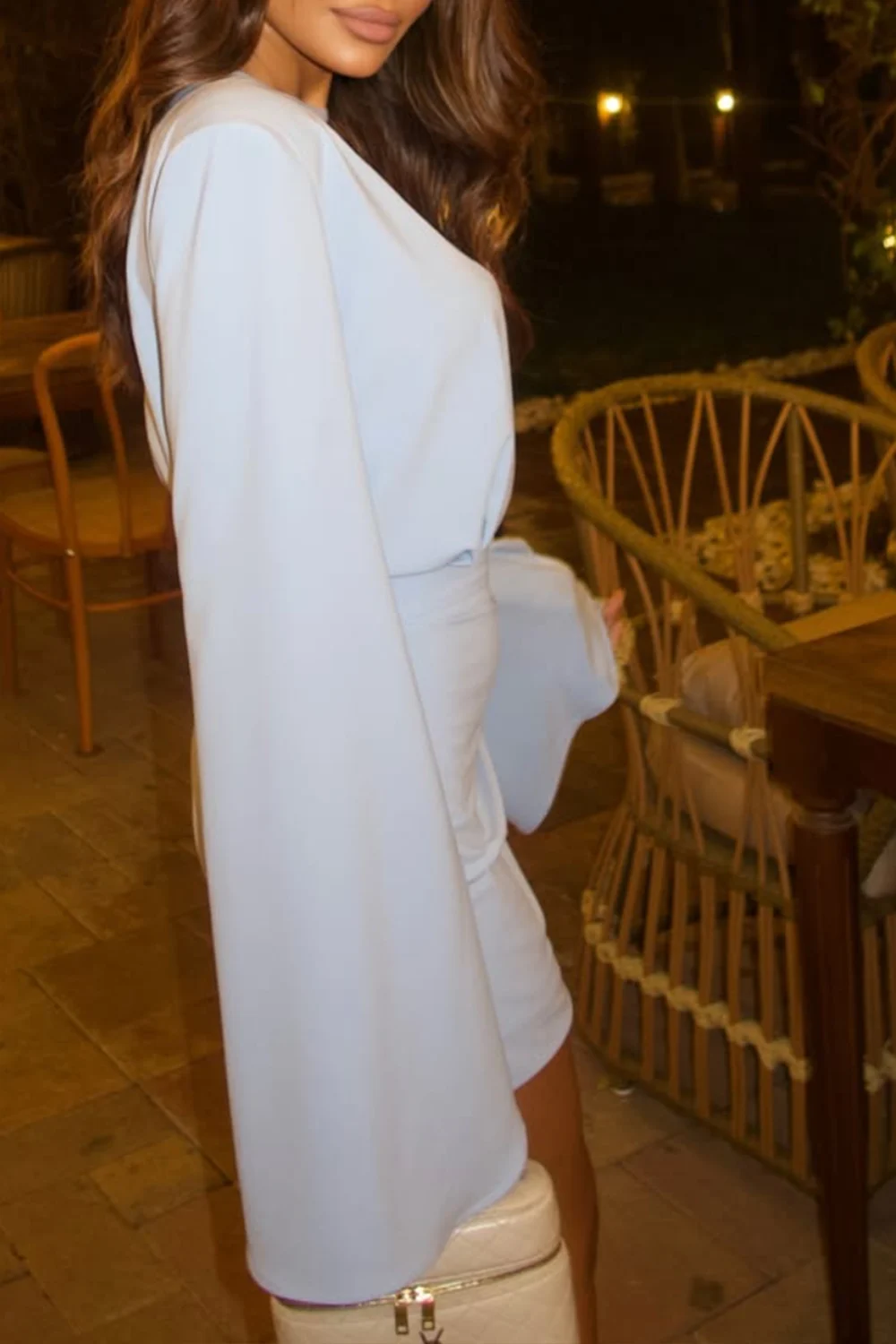 Light Blue Long Sleeve Cutout Ruched Mini Dress with Draped Sash Detail [erp-image:4aefb6629cb73ab9d4b76786]