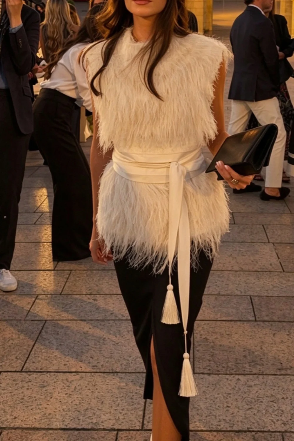Feather Sleeveless Sweater Top and Front Slit Midi Skirt Two Piece Set [erp-image:38cd4b3f699e85d65accd3dc]