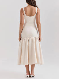 Graceful Square Neck Wide Graceful Strap Drop Waist Midi Dress