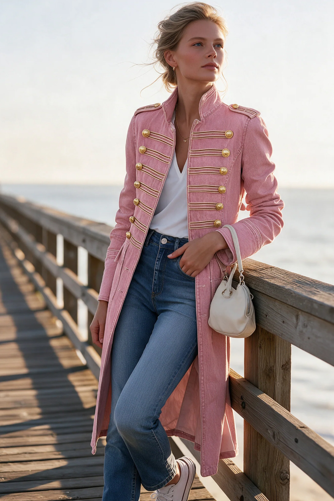 Vintage Washed Denim Military Officer Longline Gold Button Fitted Statement Coat Women