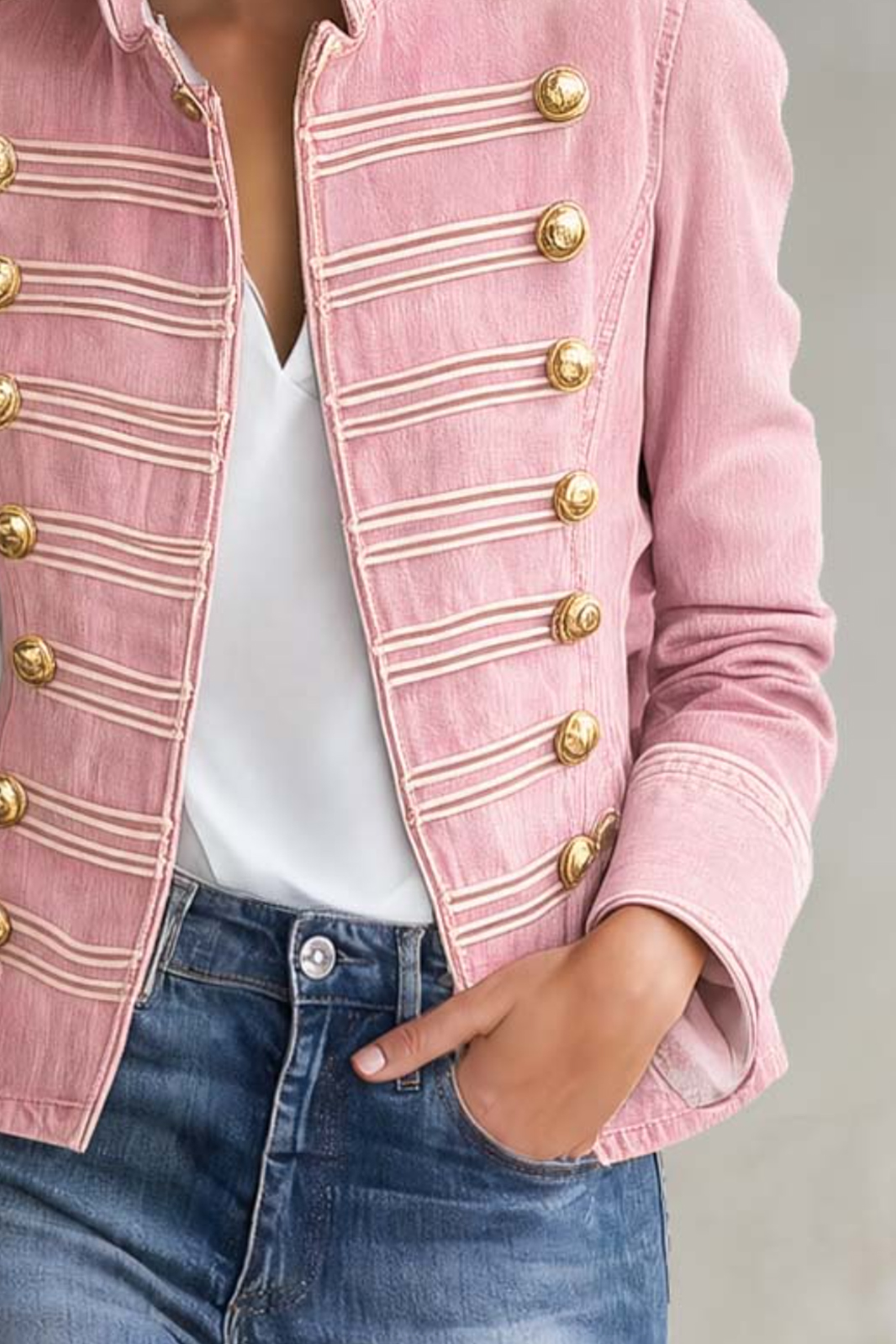 Vintage MilitaryDenim Band Jacket Women Gold Button Cropped Fall Coat