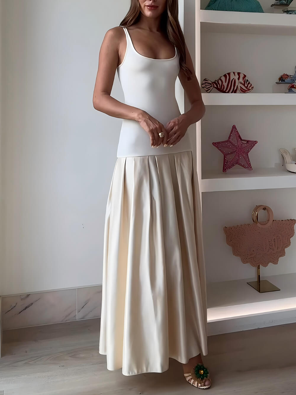 Classic Round-Neck Satin Patchwork Maxi Dress