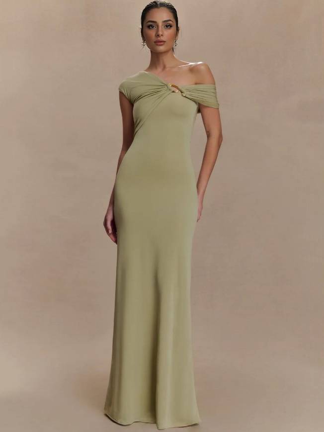 Off-shoulder Asymmetric Design Slim-fit Maxi Dress