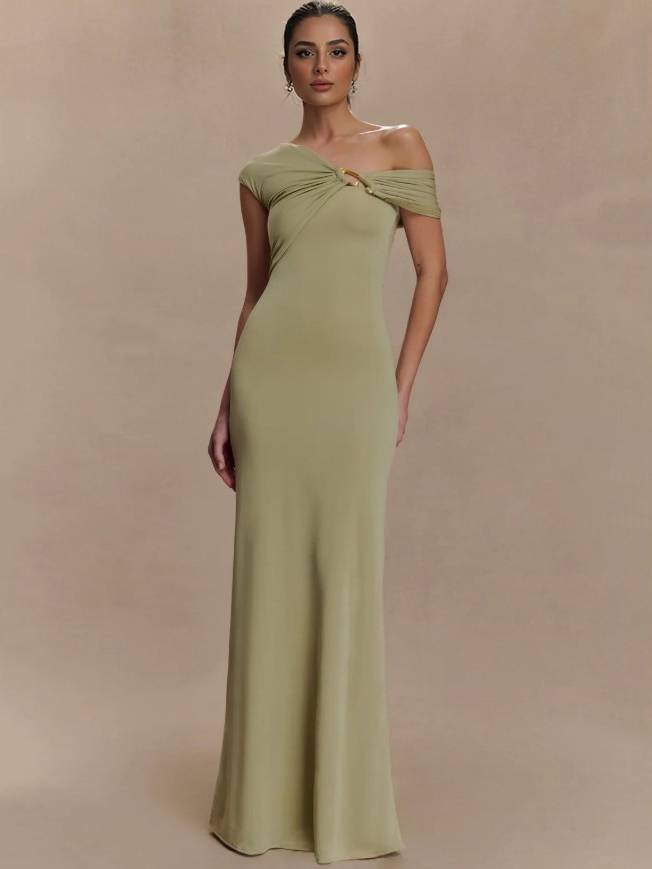 Off-shoulder Asymmetric Design Slim-fit Maxi Dress
