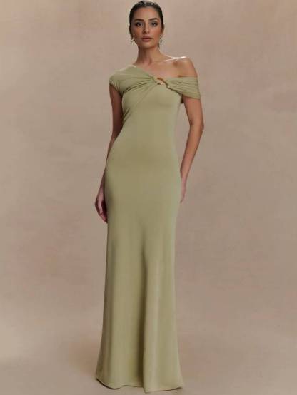 Off-shoulder Asymmetric Design Slim-fit Maxi Dress
