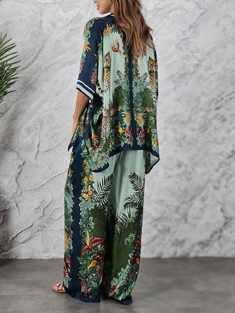Exotic Jungle Print Batwing Sleeve Shirt & Wide Leg Pants Set