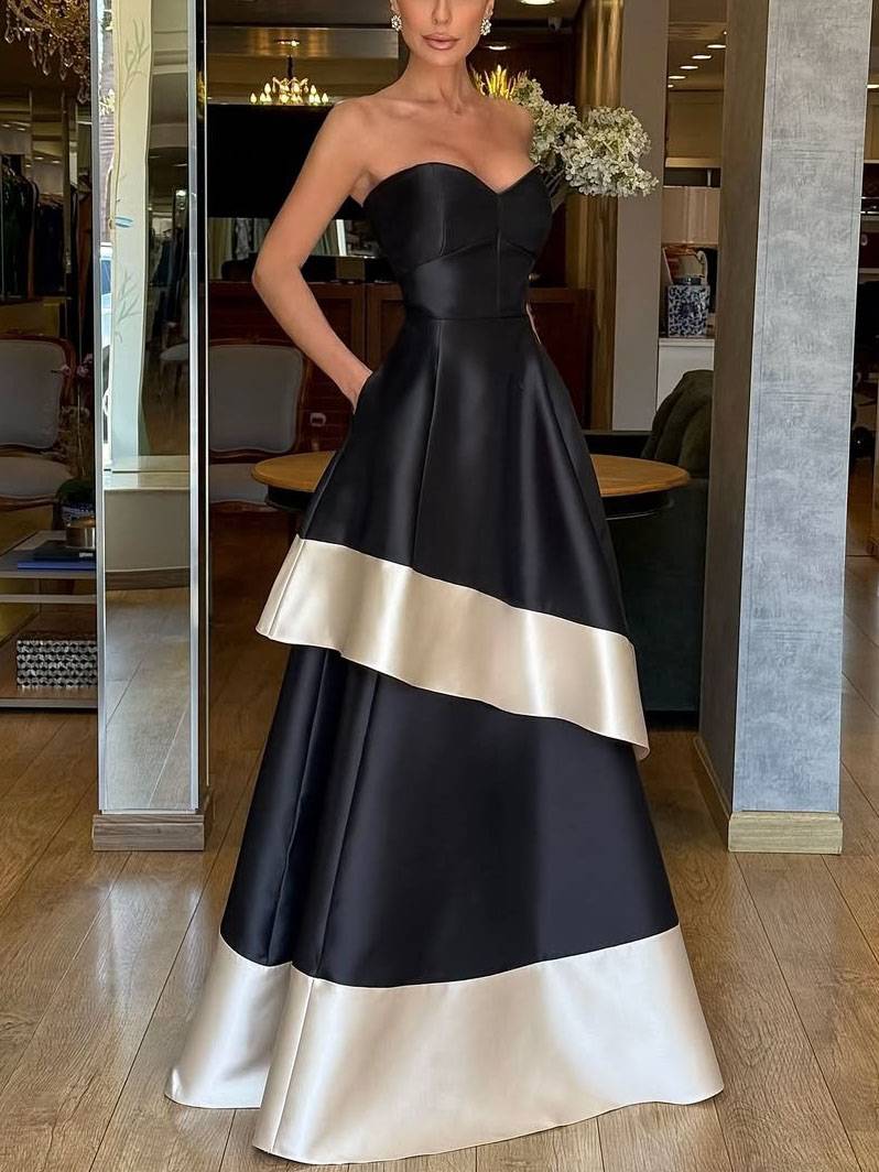 Tube Top Color Contrast High Waist A- Line Maxi Dress