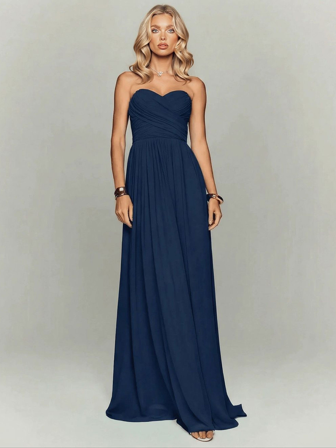 Elegant Strapless Ruched Maxi Dress With Flowing Cape