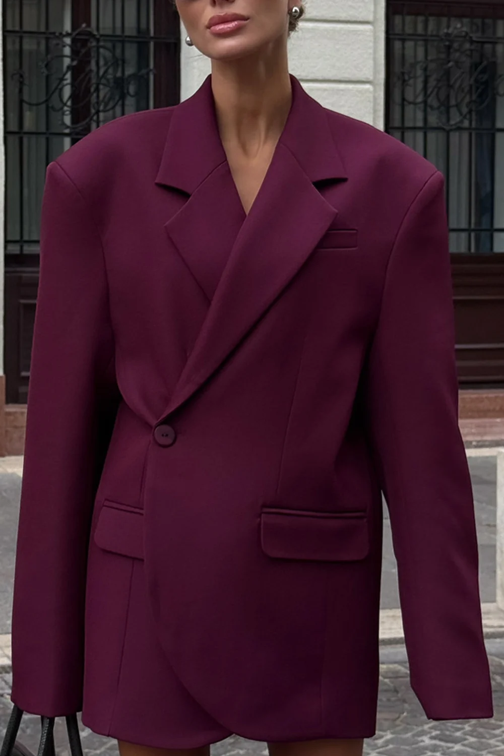 Women's Burgundy Oversized Single-Breasted Blazer with Notched Lapel
