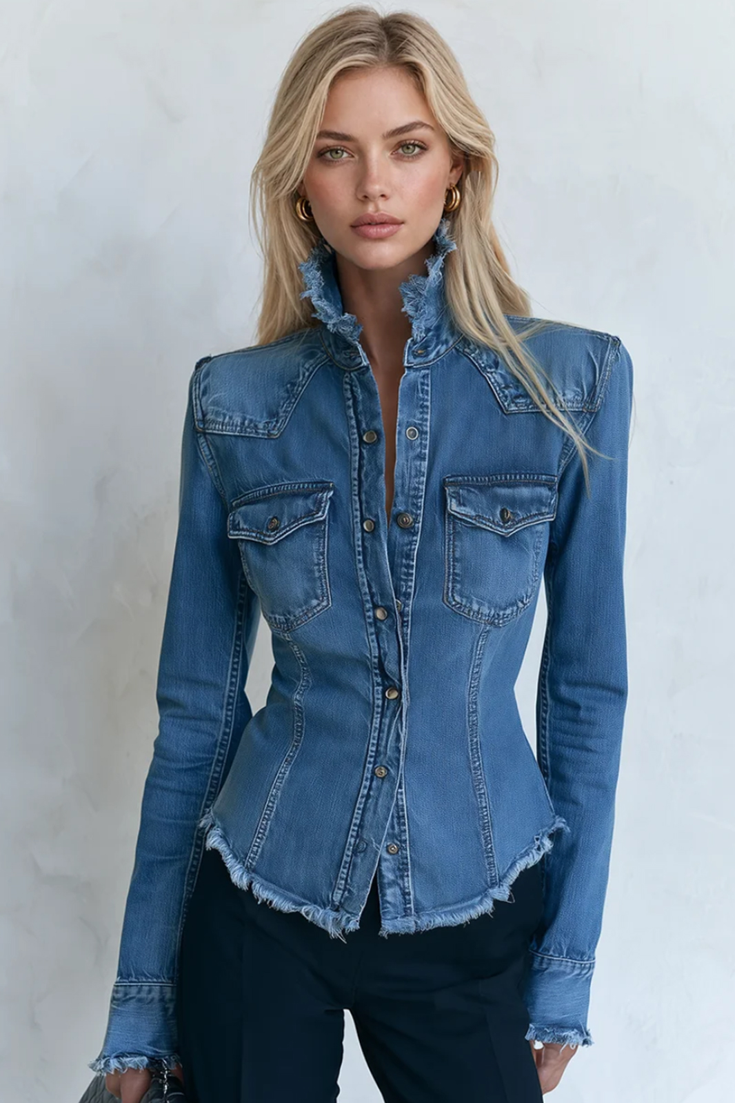 Denim Jacket Frayed Stand Collar Button Pocket Slim Coat
