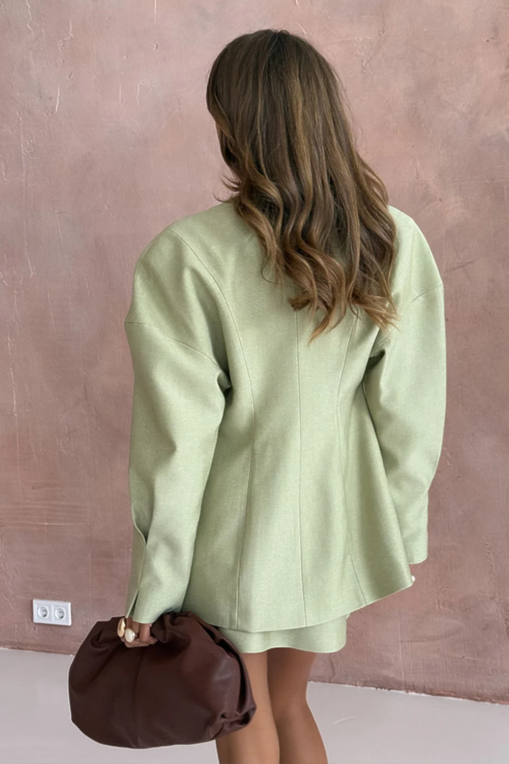 Sage Green Collarless Wrap Blazer and Tailored Shorts Two Piece Set