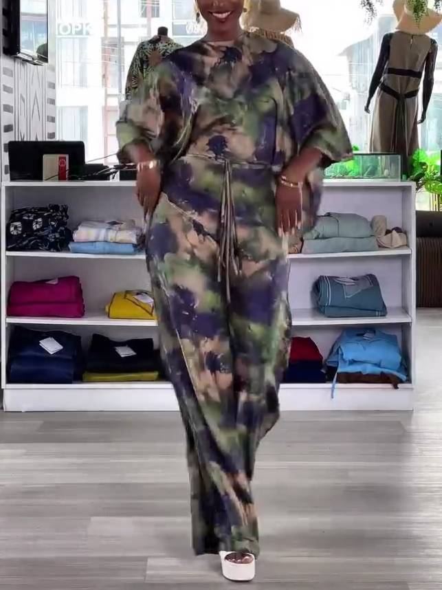 Printed Lace-up Shirt And Wide Leg Pants Suit-Pants