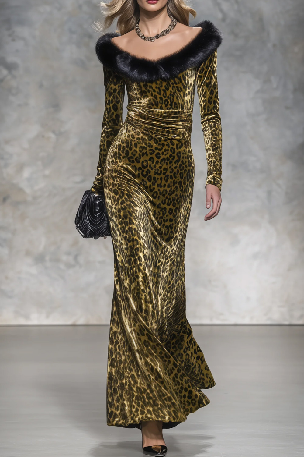 Vintage style Casual Elegant Long Velvet Leopard-print Skirt With Raw-edge Paneling