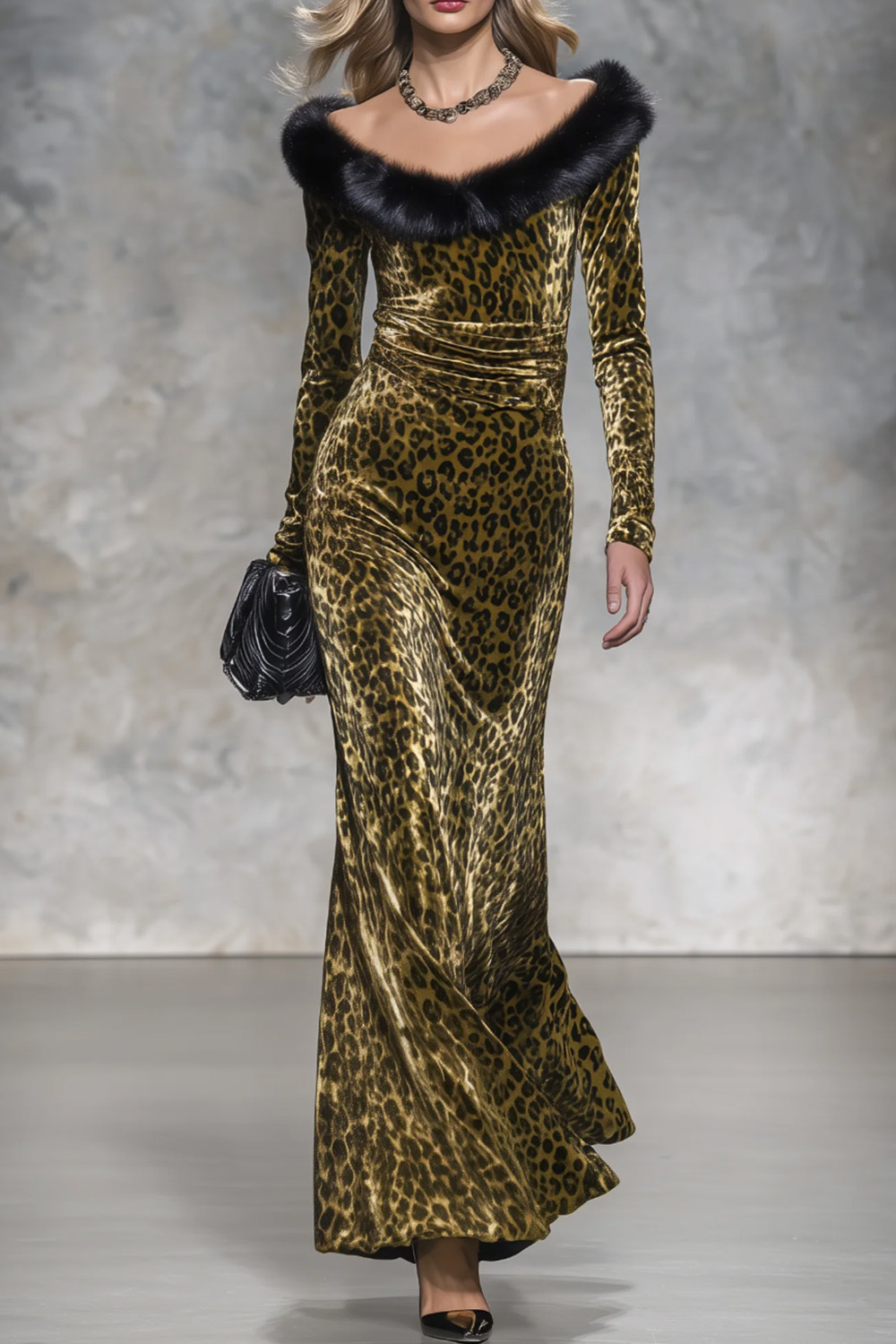 Vintage style Casual Elegant Long Velvet Leopard-print Skirt With Raw-edge Paneling