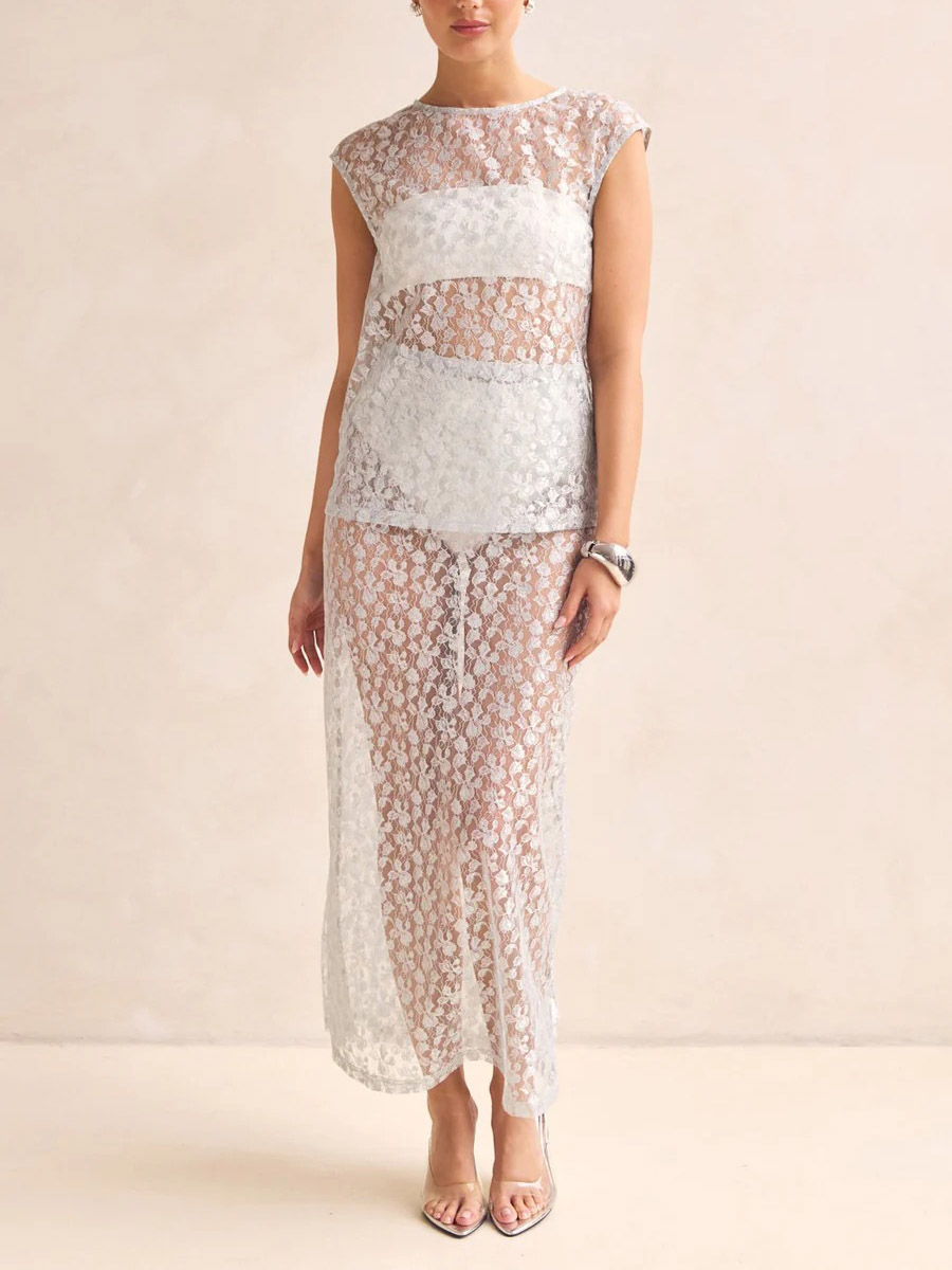 Elegant Lace Embroidered See-through Skirt Two-piece Set