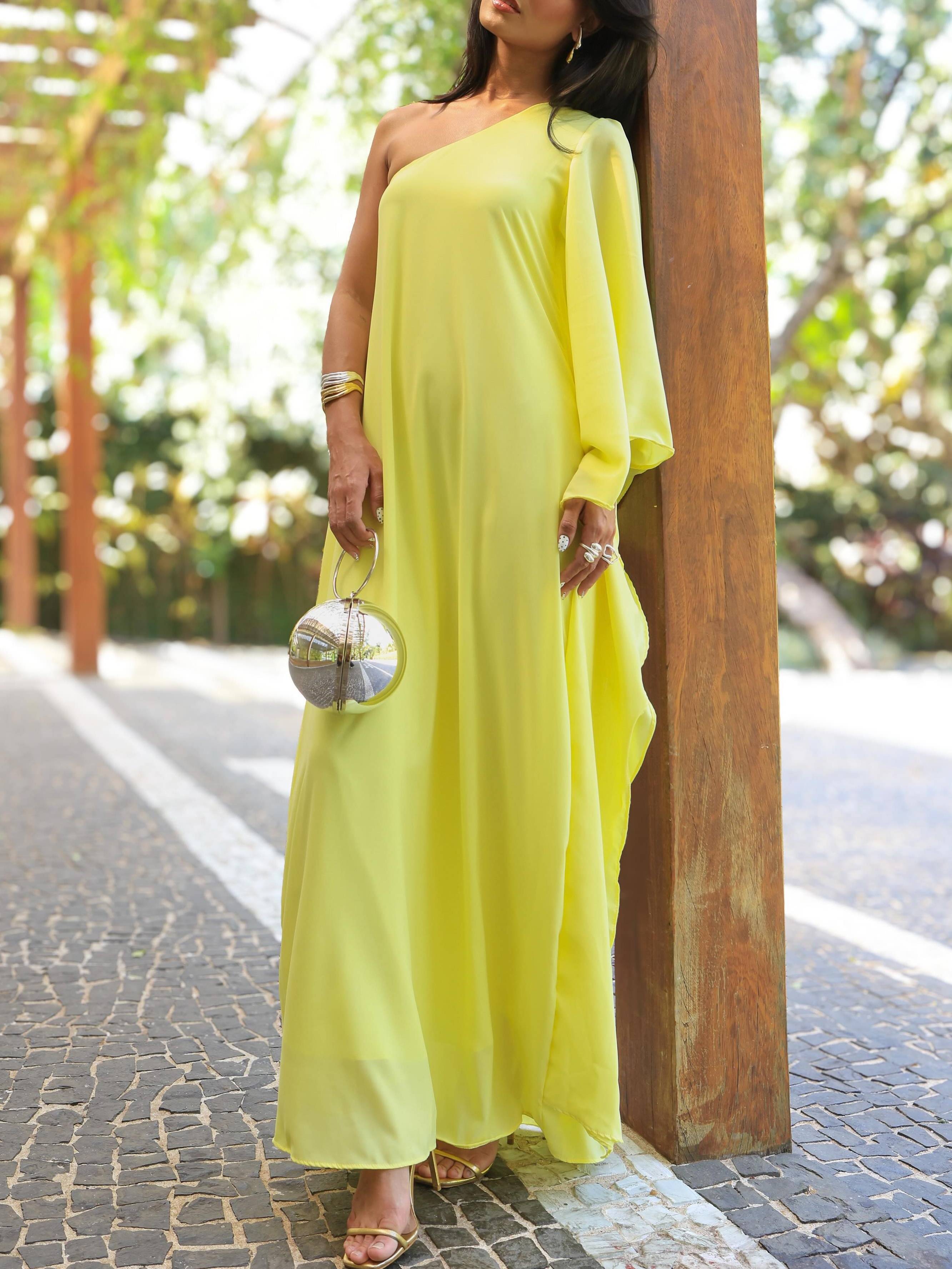 Single-sleeve Design Slant Collar A- Line Maxi Dress