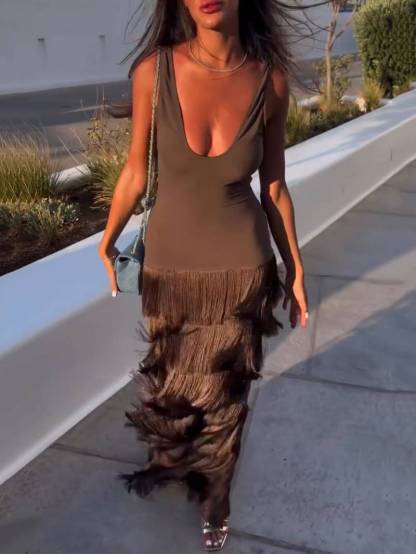 U-neck Tassel Maxi Dress