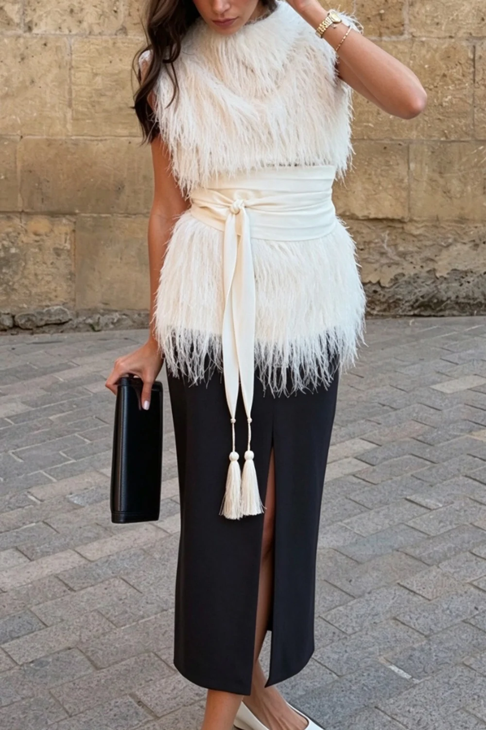 Feather Sleeveless Sweater Top and Front Slit Midi Skirt Two Piece Set [erp-image:5de14c9bb462a41267c93c74]