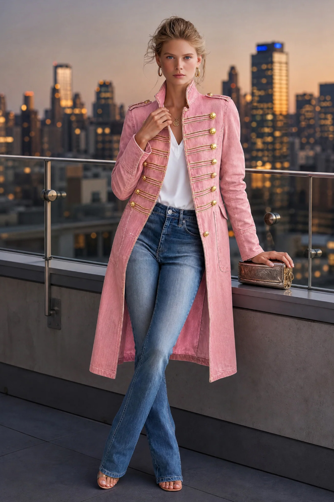 Vintage Washed Denim Military Officer Longline Gold Button Fitted Statement Coat Women