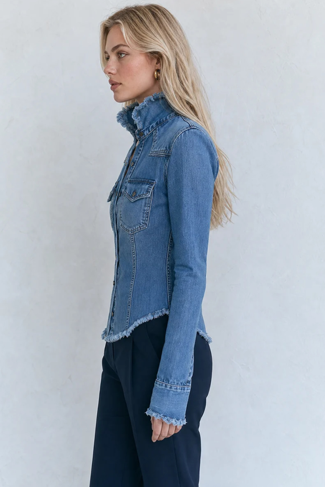 Denim Jacket Frayed Stand Collar Button Pocket Slim Coat