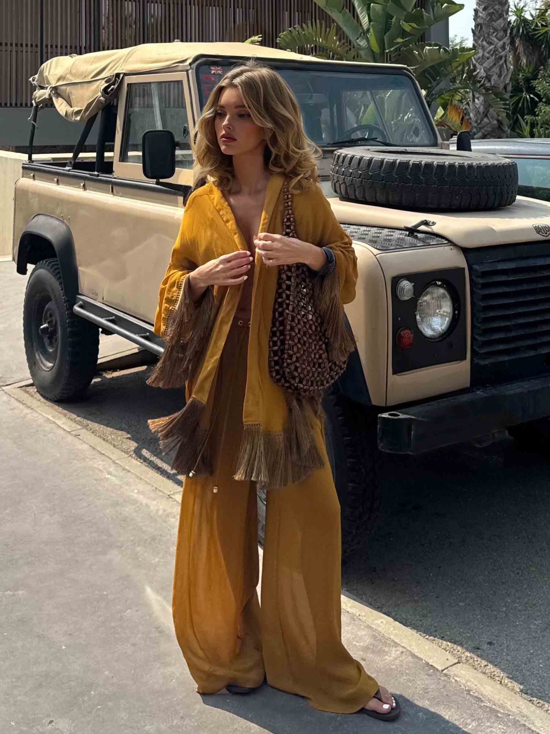 Elegant Palm Print Tassel Long-Sleeved Shirt