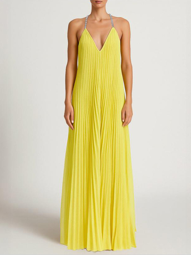 Elegant Pleated V-Neck Backless Chiffon Maxi Dress