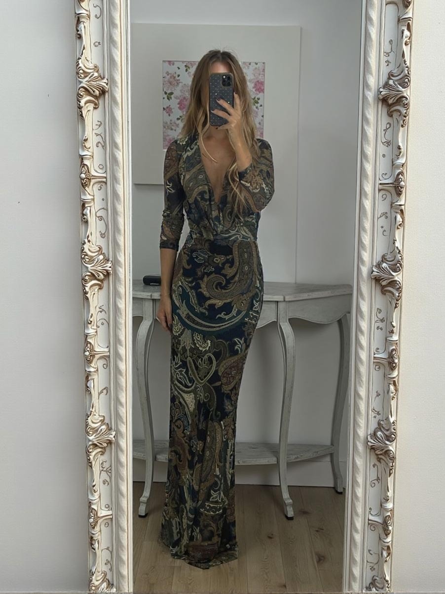 Elegant Long-Sleeve Paisley Print Deep V-Neck Maxi Dress