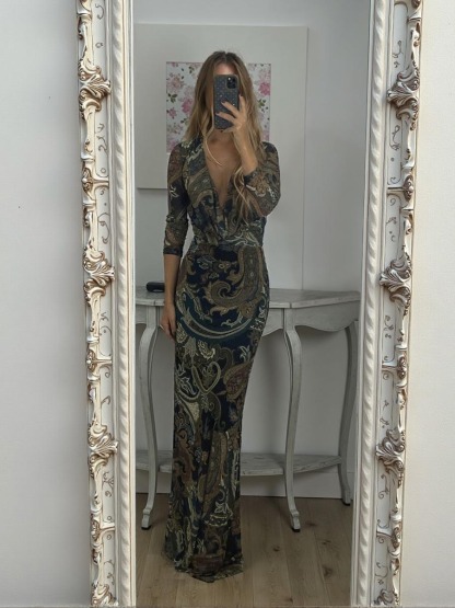 Elegant Long-Sleeve Paisley Print Deep V-Neck Maxi Dress