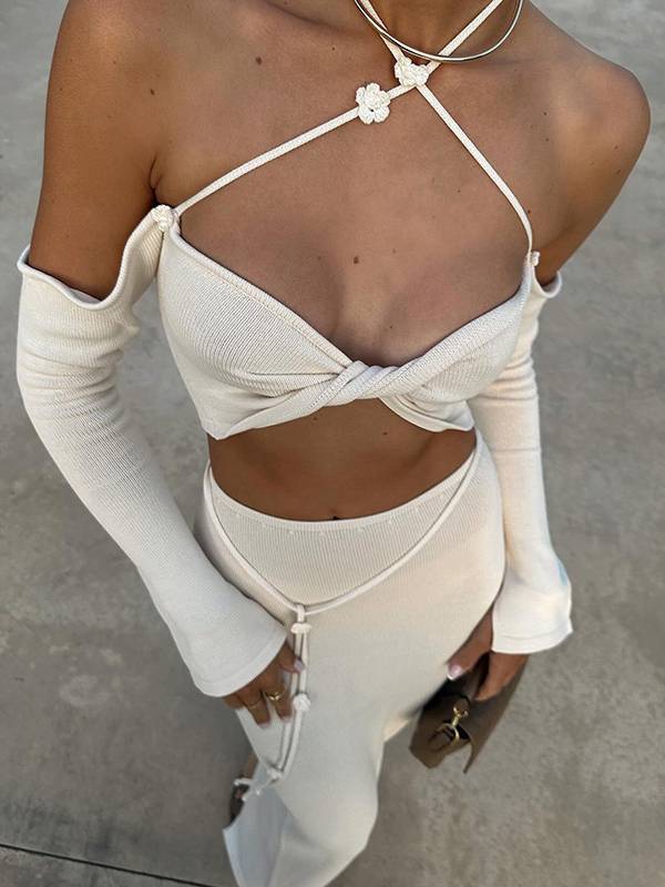 Knitted 3D Flower Lace-Up Beach Blouse Protection Suit
