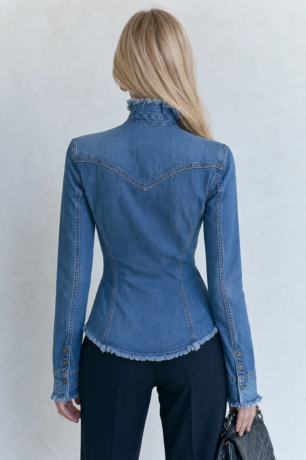 Denim Jacket Frayed Stand Collar Button Pocket Slim Coat