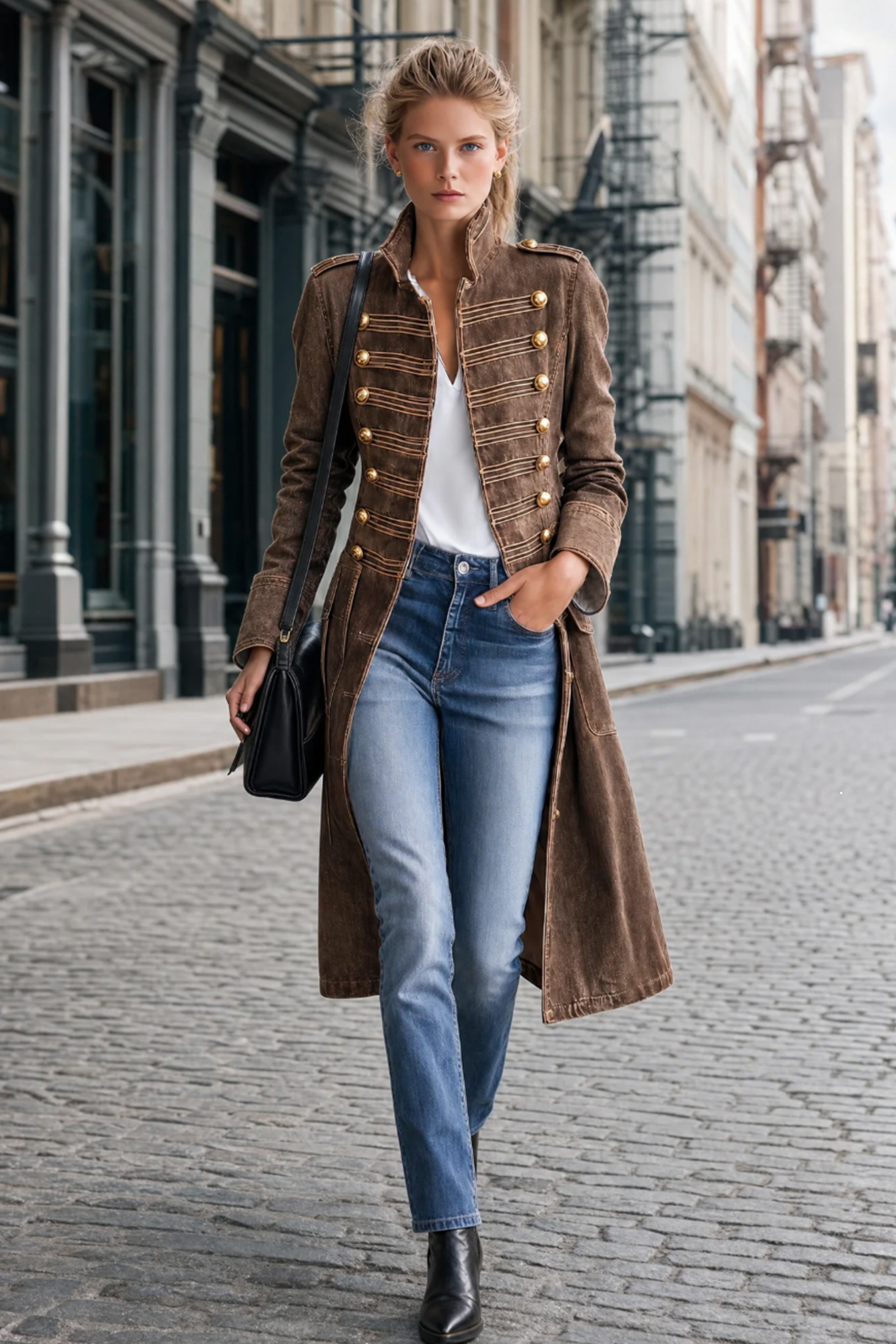 Vintage Washed Denim Military Officer Longline Gold Button Fitted Statement Coat Women