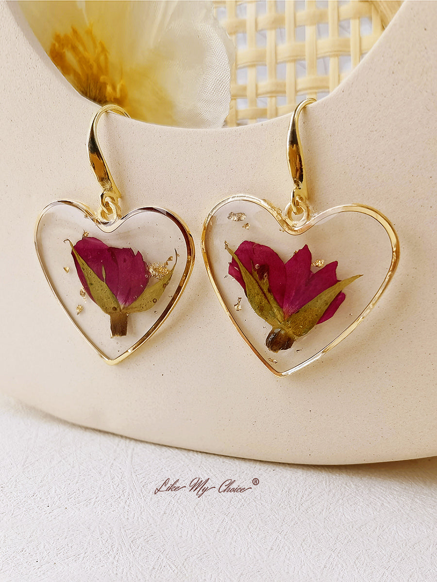 Pressed Flower Earrings - Resin Heart Dried Flower-Likemychoice