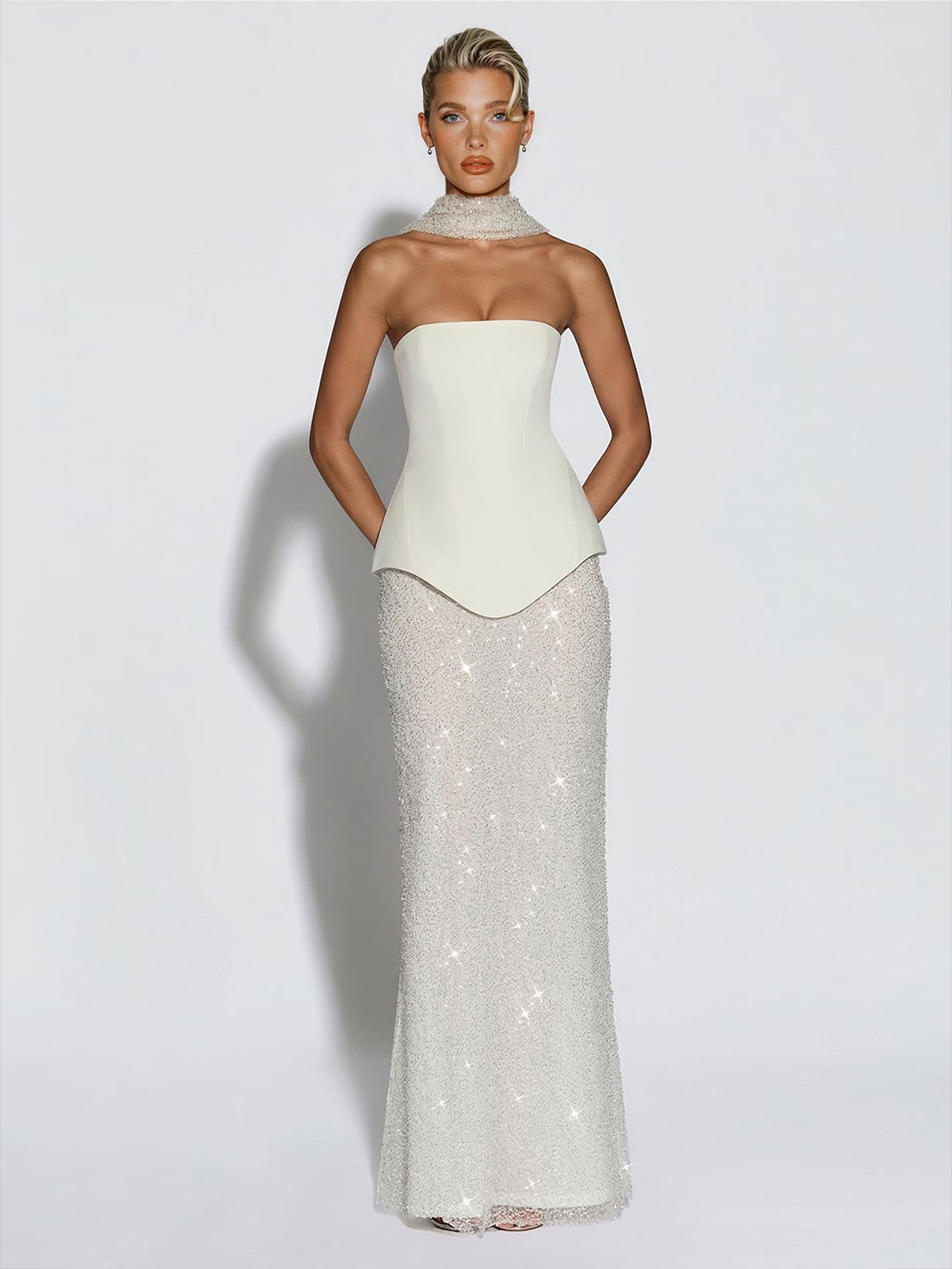 Elegant Strapless Sequin Skirt And Shawl Two-Piece Set