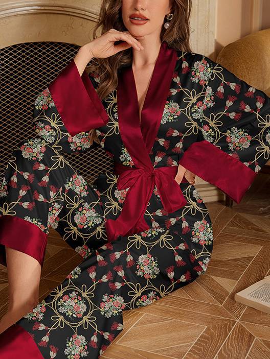 Printed Satin Long-Sleeve Pants Two-Piece Home Wear