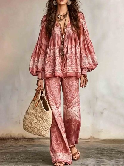 Bohemian Paisley Print Balloon Sleeve Blouse & Pants Two-Piece Set