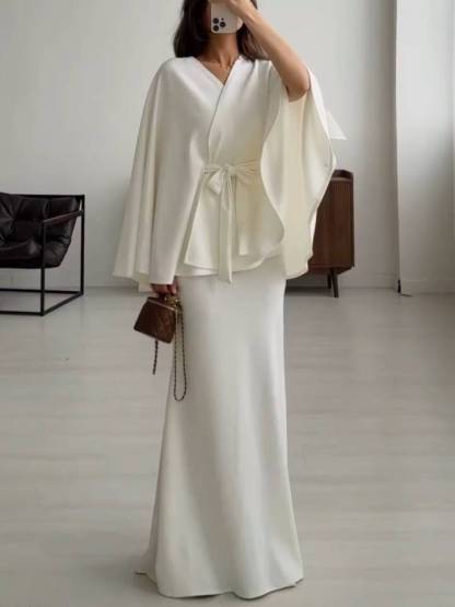 Lace-Up Long Sleeve Top And Skirt Set