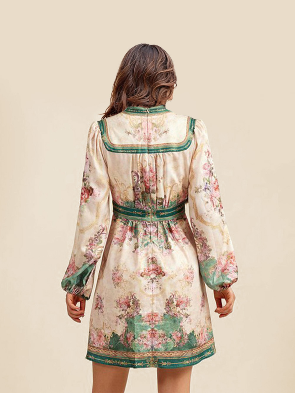 Retro Palace Style V-Neck Printed Mini Dress