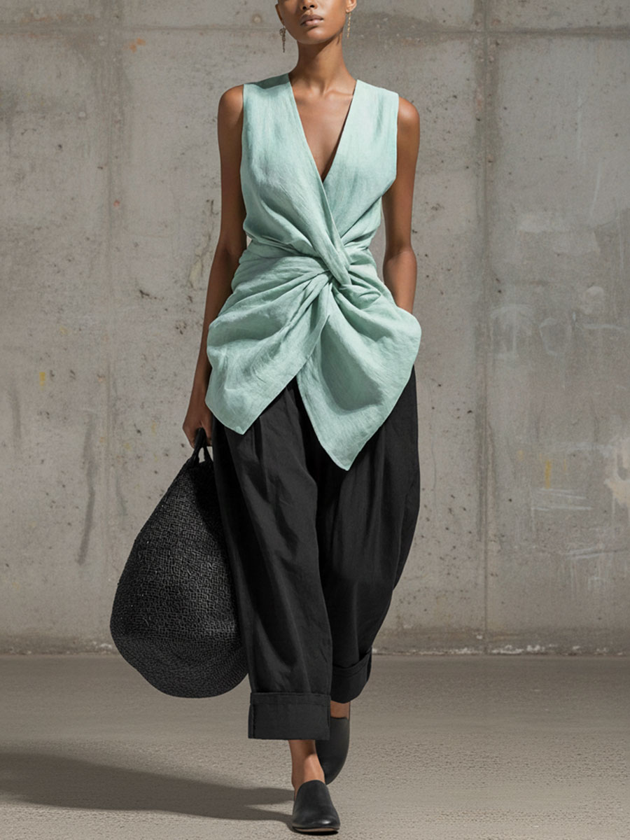 Casual Twist Front V-Neck Top & Pants Two-Piece Set