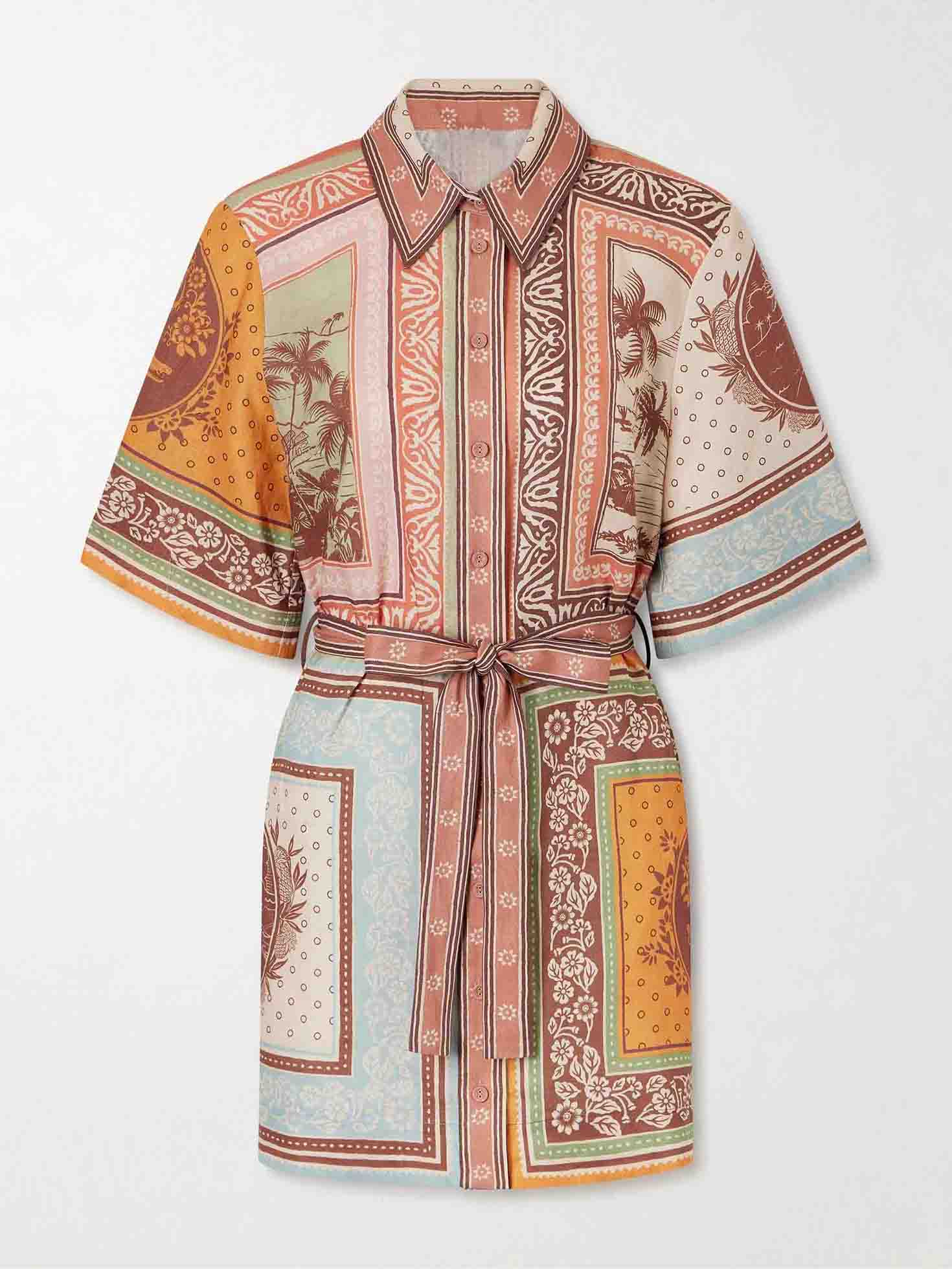 Retro Scarf Print Short-sleeved Tie-front Shirt Dress